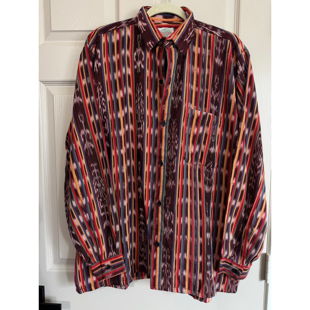 Artesania Button Down Men M Multi-Color Ikat Stripe Woven Cotton Boho Shirt